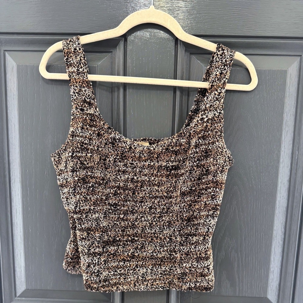 90s Textured Neutral Crop Tank Top Size Med Vintage Y2K Club Bohemian Chic